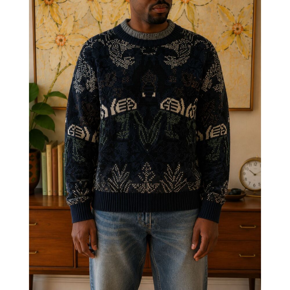 Vtg Michael Gerald 90s Chunky Abstract Knit Sweater Navy Blue Size L Streetwear